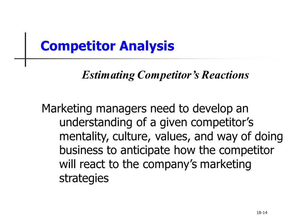 Competitor Analysis Estimating Competitor’s Reactions Marketing managers need to develop an understanding of a